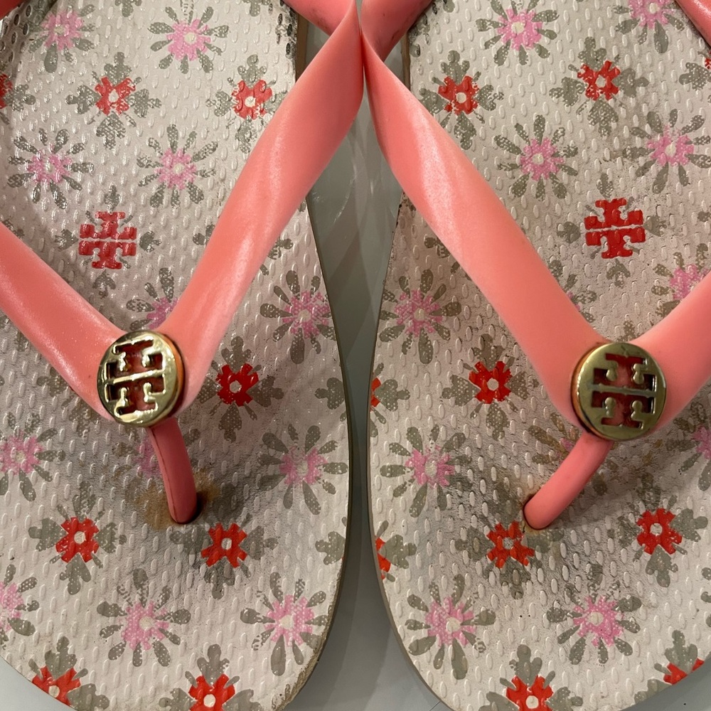 Tory Burch floral pink flip flops size 10